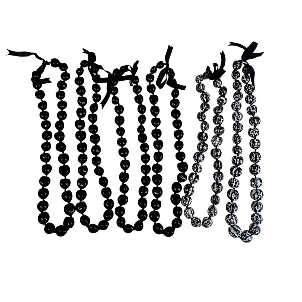Lot of 6 Kukui Nut Lei Necklaces Polished Black and Marbled White Hawaiian Luau
